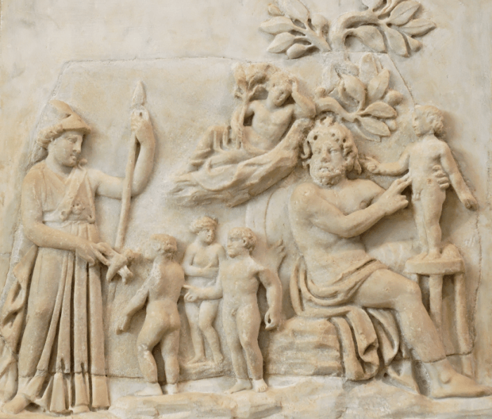 Creation of humanity by Prometheus as Athena looks on (Roman-era relief, 3rd century AD)